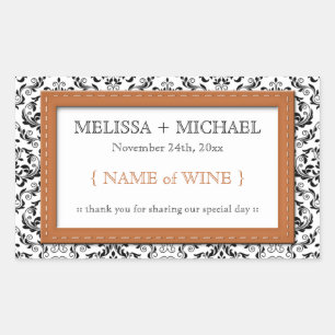 Orange Stitched Damask Wedding Wine Labels
