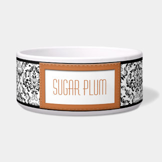 Orange Stitched Label Design Damask Dog Bowl