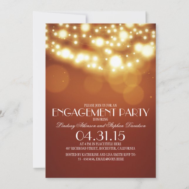 orange string lights vintage engagement party invitation (Front)