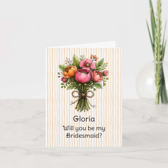 Orange Stripe Whimsical Flower Bridesmaid Proposal Card (Front)