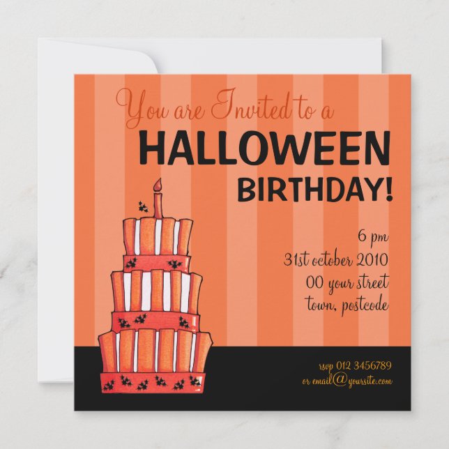 Orange Striped bats Cake Halloween Birthday Invitation (Front)