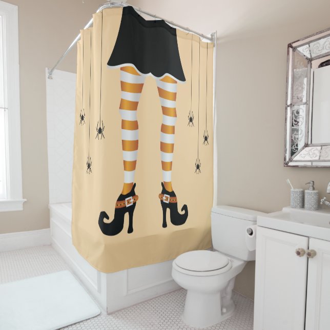 Orange Striped Witch Legs And Spiders Halloween Shower Curtain (In Situ)