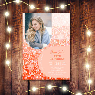 Orange Stripes Arch Photo Floral Birthday  Invitation