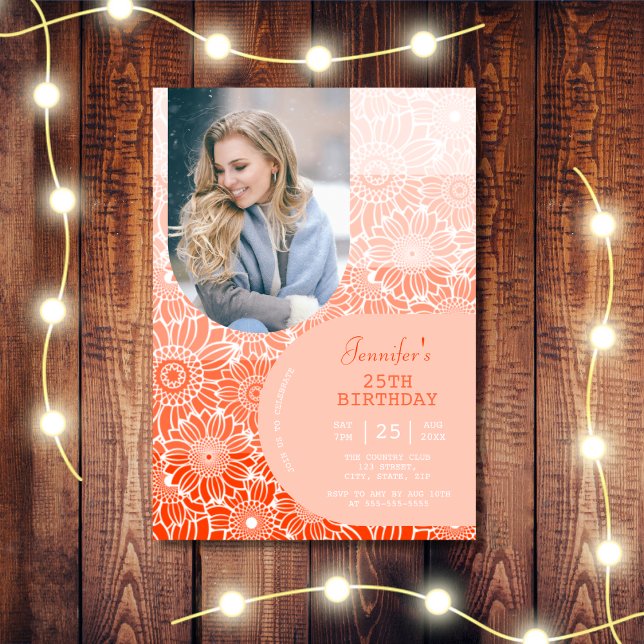 Orange Stripes Arch Photo Floral Birthday  Invitation (Creator Uploaded)