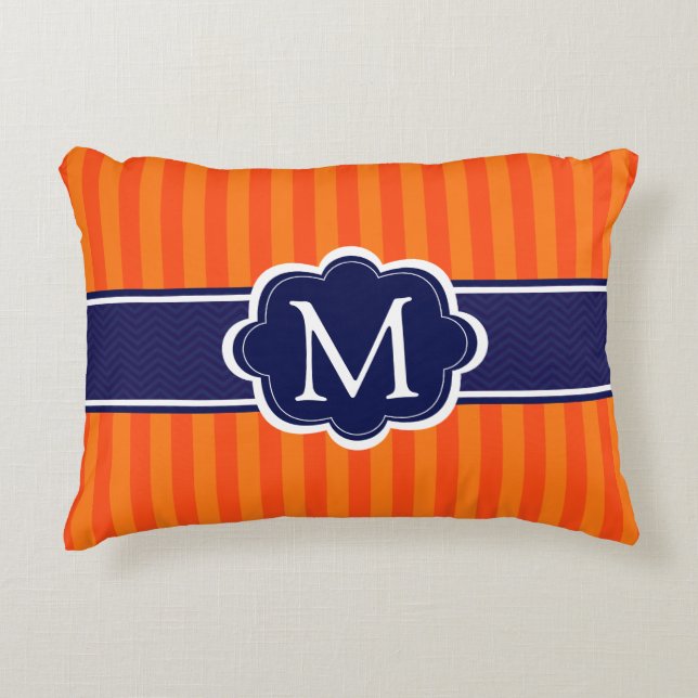 Orange Stripes Navy Blue Custom Monogram Initial Decorative Cushion (Front)
