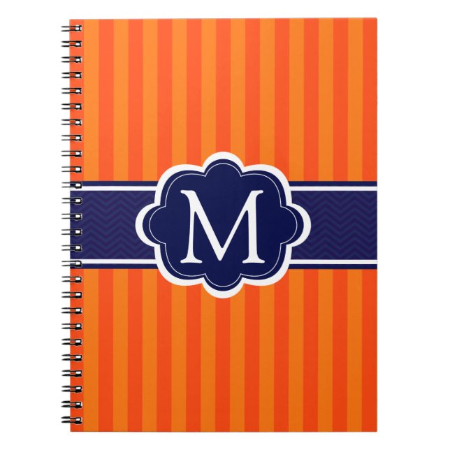 Orange Stripes Navy Blue Custom Monogram Initial Notebook (Front)