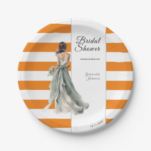 Orange Stripes Watercolor Vibrant Bridal Shower Paper Plate
