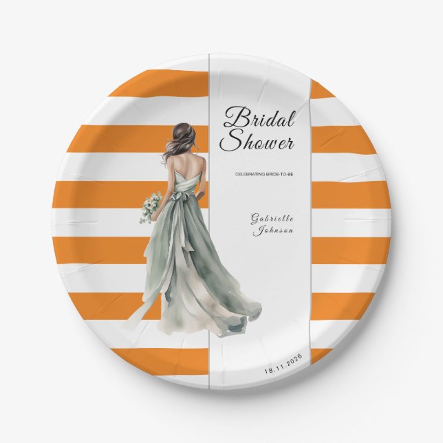 Orange Stripes Watercolor Vibrant Bridal Shower Paper Plate (Front)