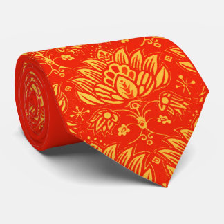 orange stylised floral print tie