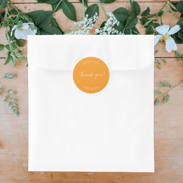 Orange Stylised Wedding Thank You Classic Round Sticker (In Situ Wedding)