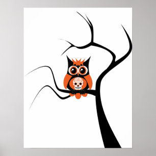 Orange Sugar Skull Owl in Tree Poster