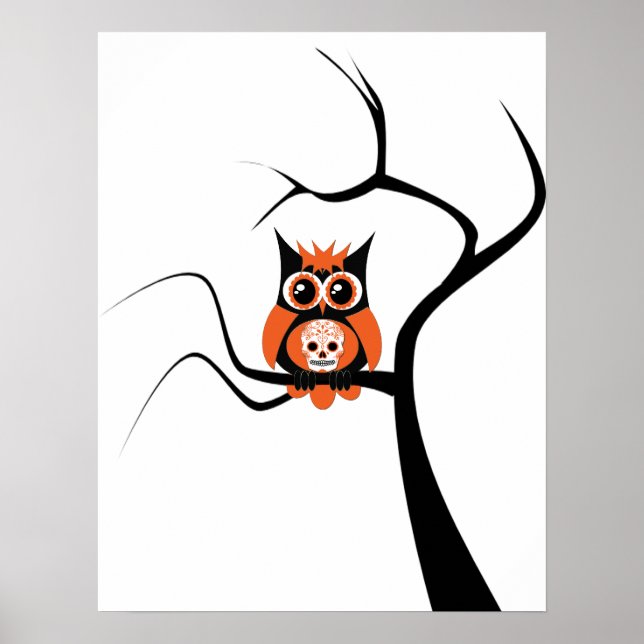 Orange Sugar Skull Owl in Tree Poster (Front)