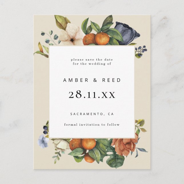 Orange Summer Floral Botanical Boho Save the Date Invitation Postcard (Front)