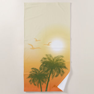 Orange Sun And Green Palm Trees Tropical Summer Beach Towel