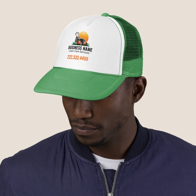Orange Sun Mowing Lawn Care Service Trucker Hat (In Situ)