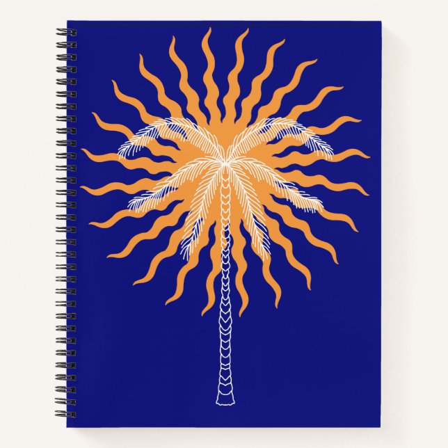 Orange sun rays white line art palm tree notebook (Front)