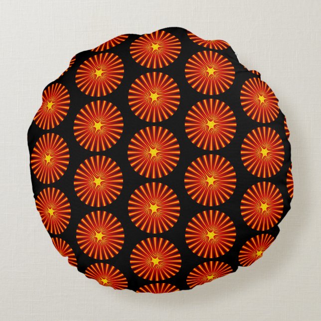 Orange Sunburst Fractal Art Beach House Pattern Round Cushion (Back)