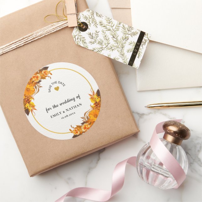 Orange Sunflower Autumn Wedding Save The Date Classic Round Sticker (Gifting)