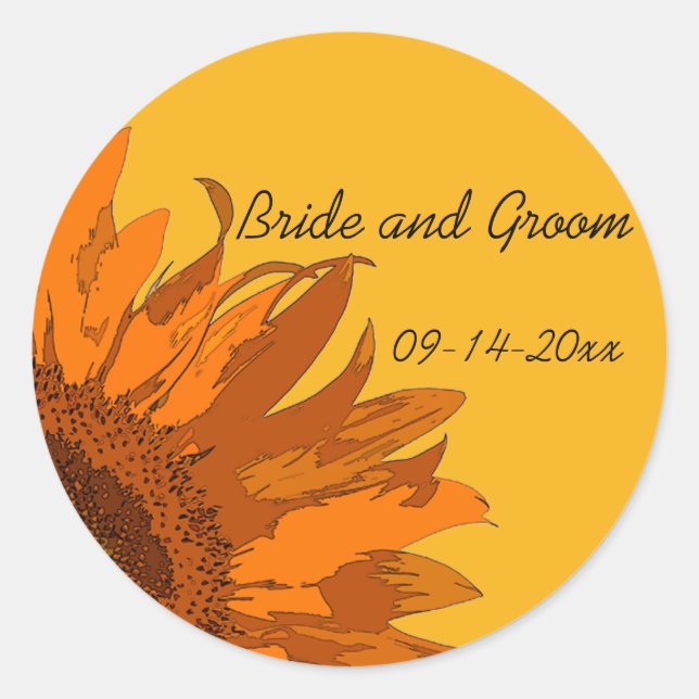 Orange Sunflower on Yellow Wedding Envelope Seals (Front)