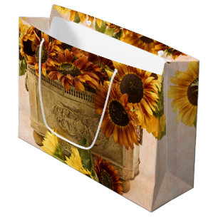 Orange Sunflowers In Tin Basket Large Gift Bag