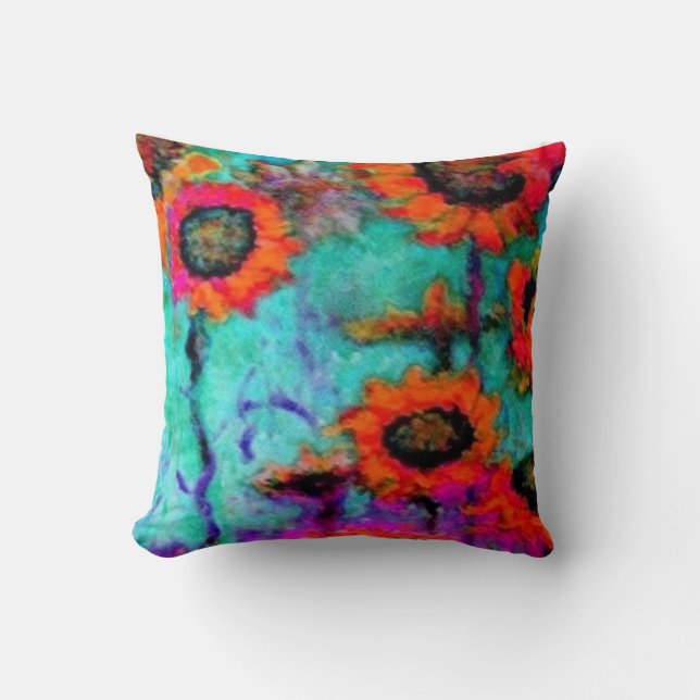 Orange Sunflowers Turquoise Pillow by Sharles (Front)