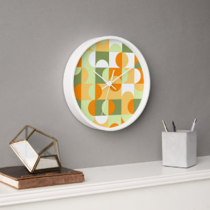Orange Sunny Yellow Dark Green Retro Art Pattern Clock