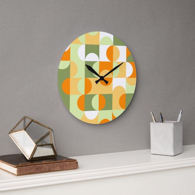 Orange Sunny Yellow Dark Green Retro Art Pattern Large Clock (Office)