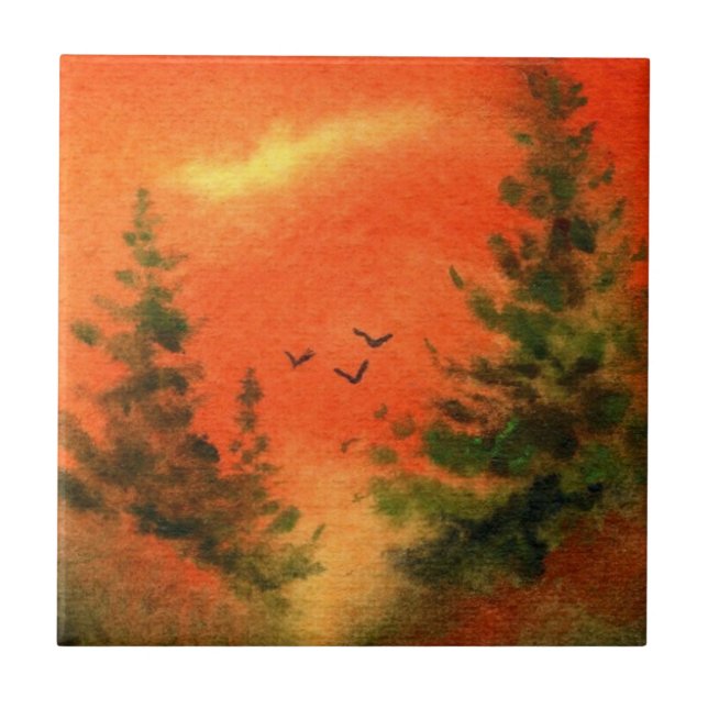 Orange sunrise pines with flying crows tile (Front)