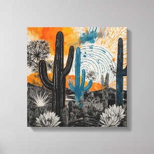 Orange sunset desert cactus Watercolor wall art