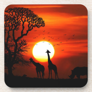 Orange Sunset in Africa w Giraffe Silhouette Coaster