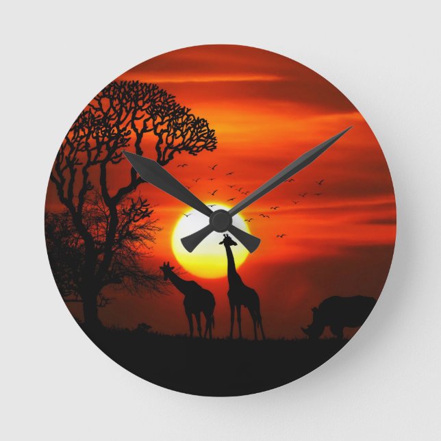 Orange Sunset in Africa w Giraffe Silhouette Round Clock (Front)