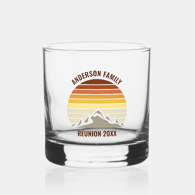 Orange Sunset Mountain Retro Family Reunion Party Whiskey Glass (Front)