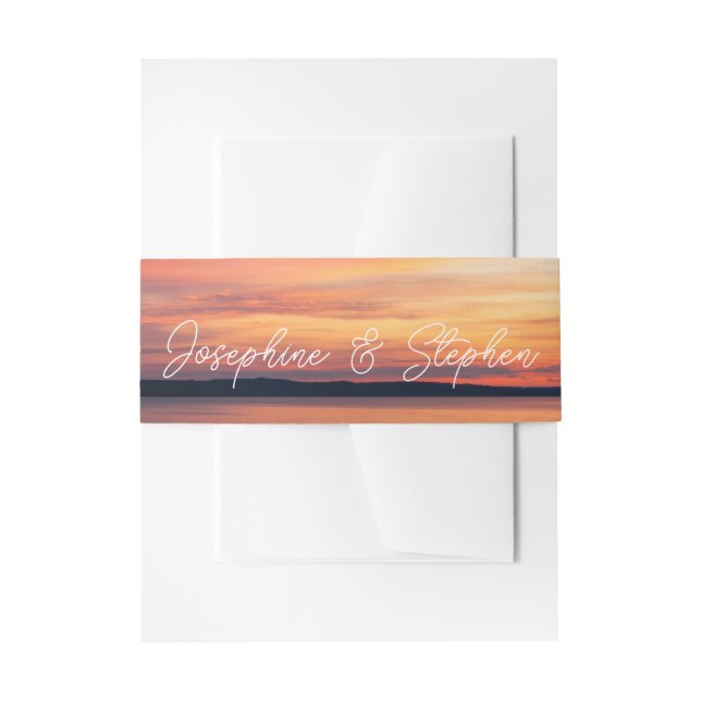 Orange Sunset Over Lake Photo With Names Wedding Invitation Belly Band (Front Example)
