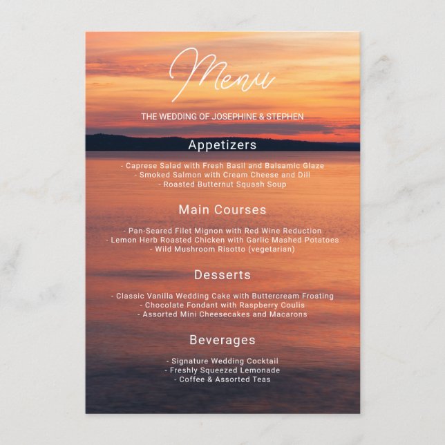 Orange Sunset Over Lake Water Meal Options Wedding Menu (Front)