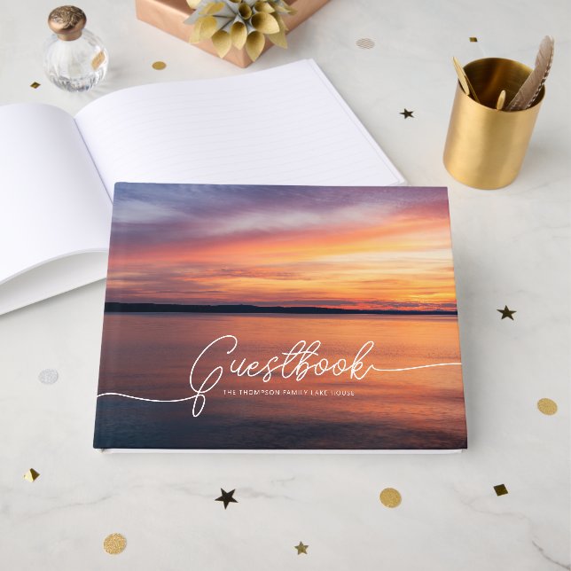 Orange Sunset Photo Beautiful Custom Lake House Guest Book (Front Open)
