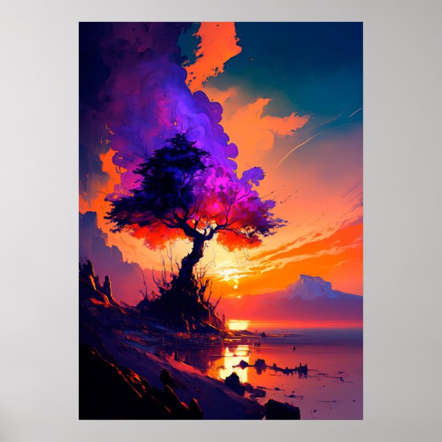 Orange Sunset Sky over water with Purple Tree Poster (Front)