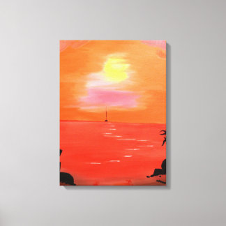 Orange Sunset Sky Painting Wrapped Canvas