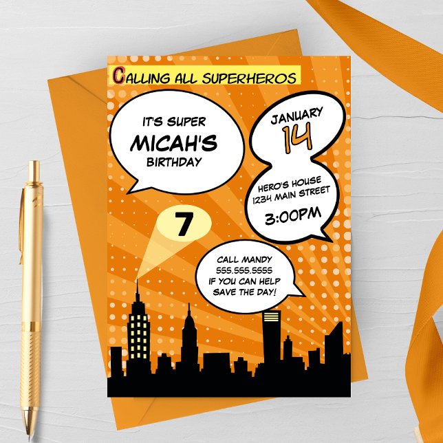 Orange Superheros Comic Book Styled Birthday Party Invitation (Creator Uploaded)