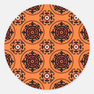 Orange Suzani Pattern Classic Round Sticker