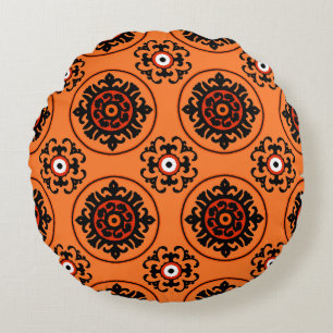 Orange Suzani Pattern Round Cushion