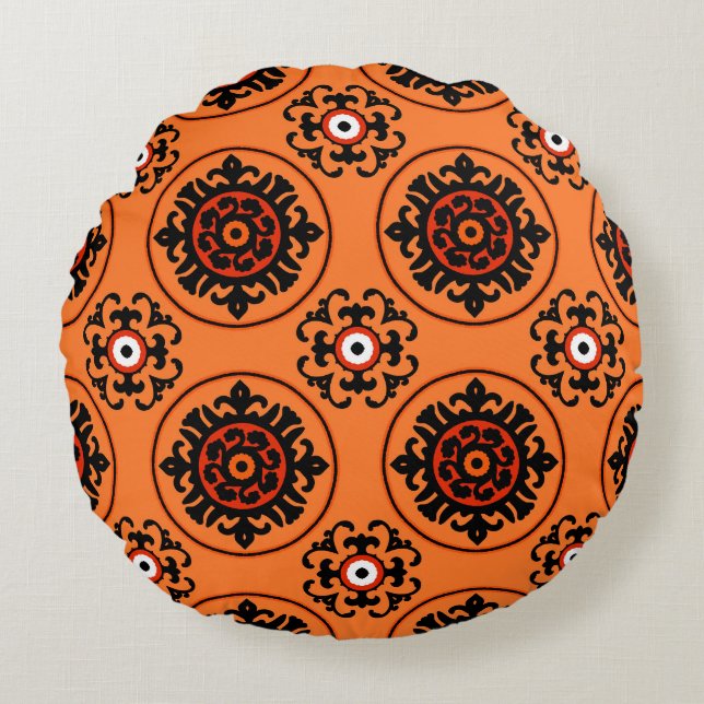 Orange Suzani Pattern Round Cushion (Front)