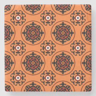 Orange Suzani Pattern Stone Coaster