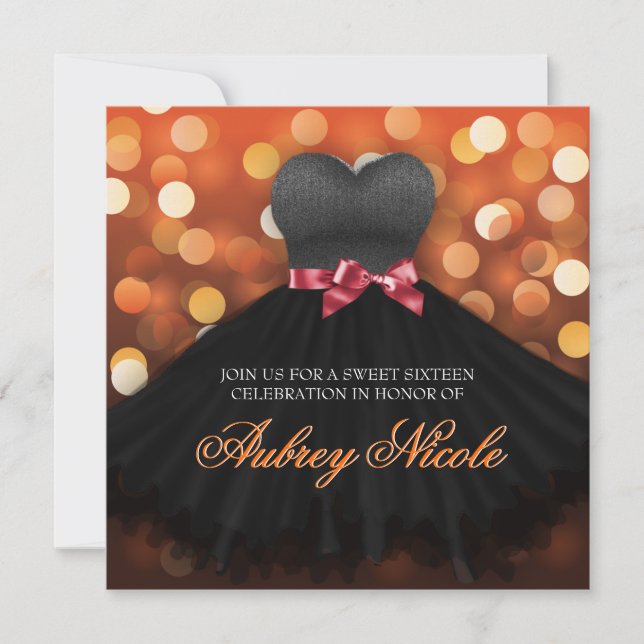 Orange Sweet Sixteen Black Dress Birthday Invite (Front)