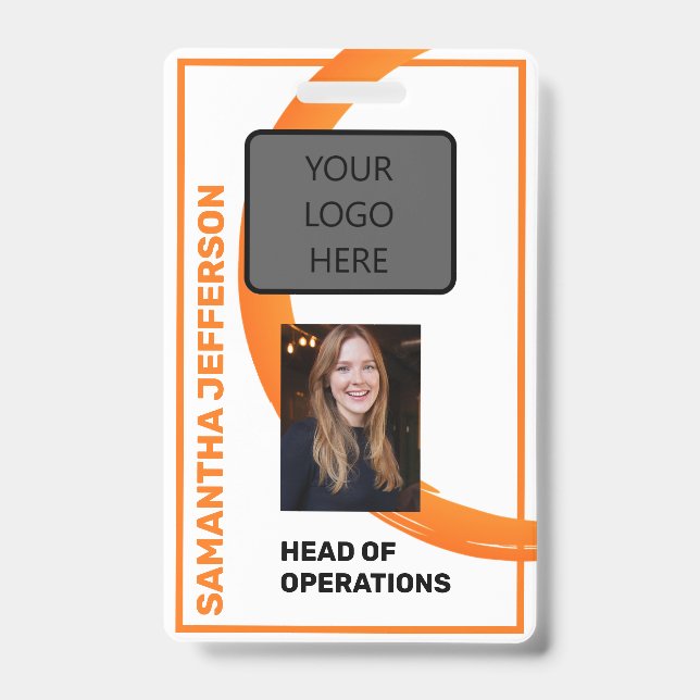 Orange Swirl Employee Name, Photo, Title, Barcode ID Badge (Front)