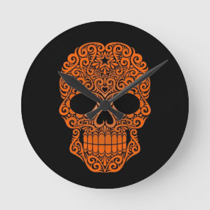 Orange Swirling Sugar Skull on Black Round Clock