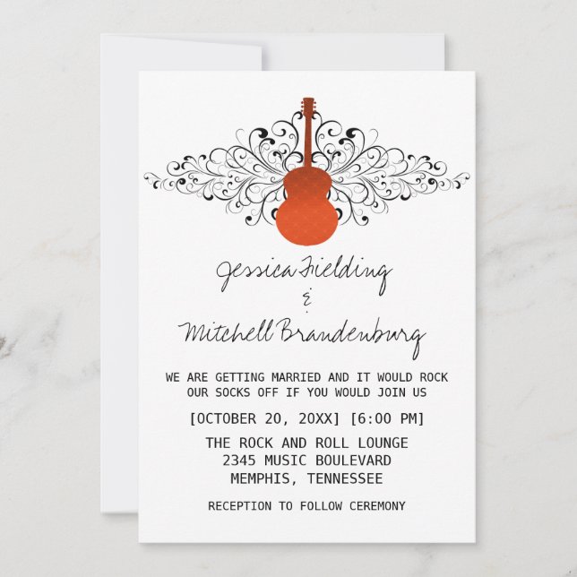 Orange Swirls Guitar Wedding Invitation (Front)