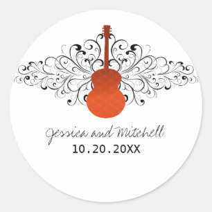 Orange Swirls Guitar Wedding Stickers