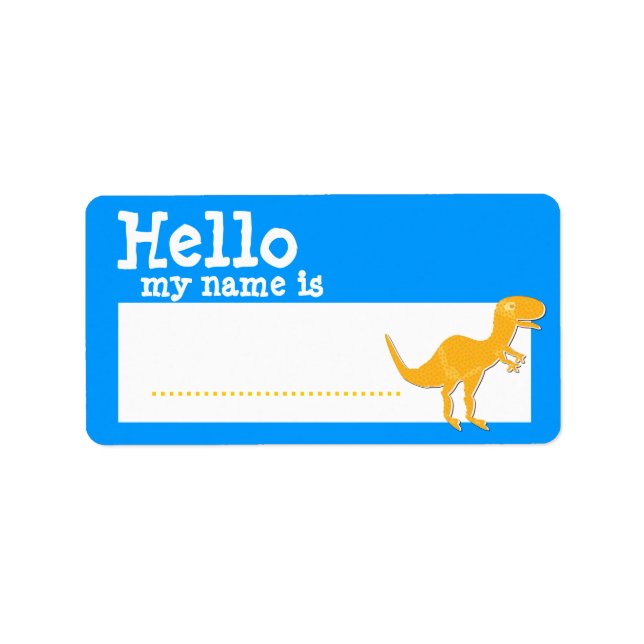 Orange T-Rex Hello My Name is Name Badge Blue Label (Front)