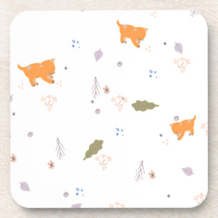 Orange Tabby and Leaves Pattern  Coaster