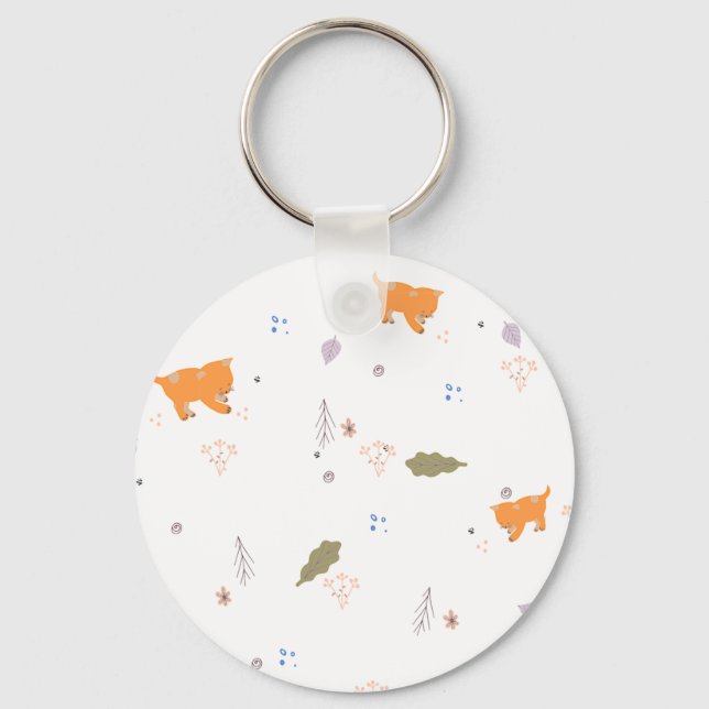 Orange Tabby and Leaves Pattern  Key Ring (Front)
